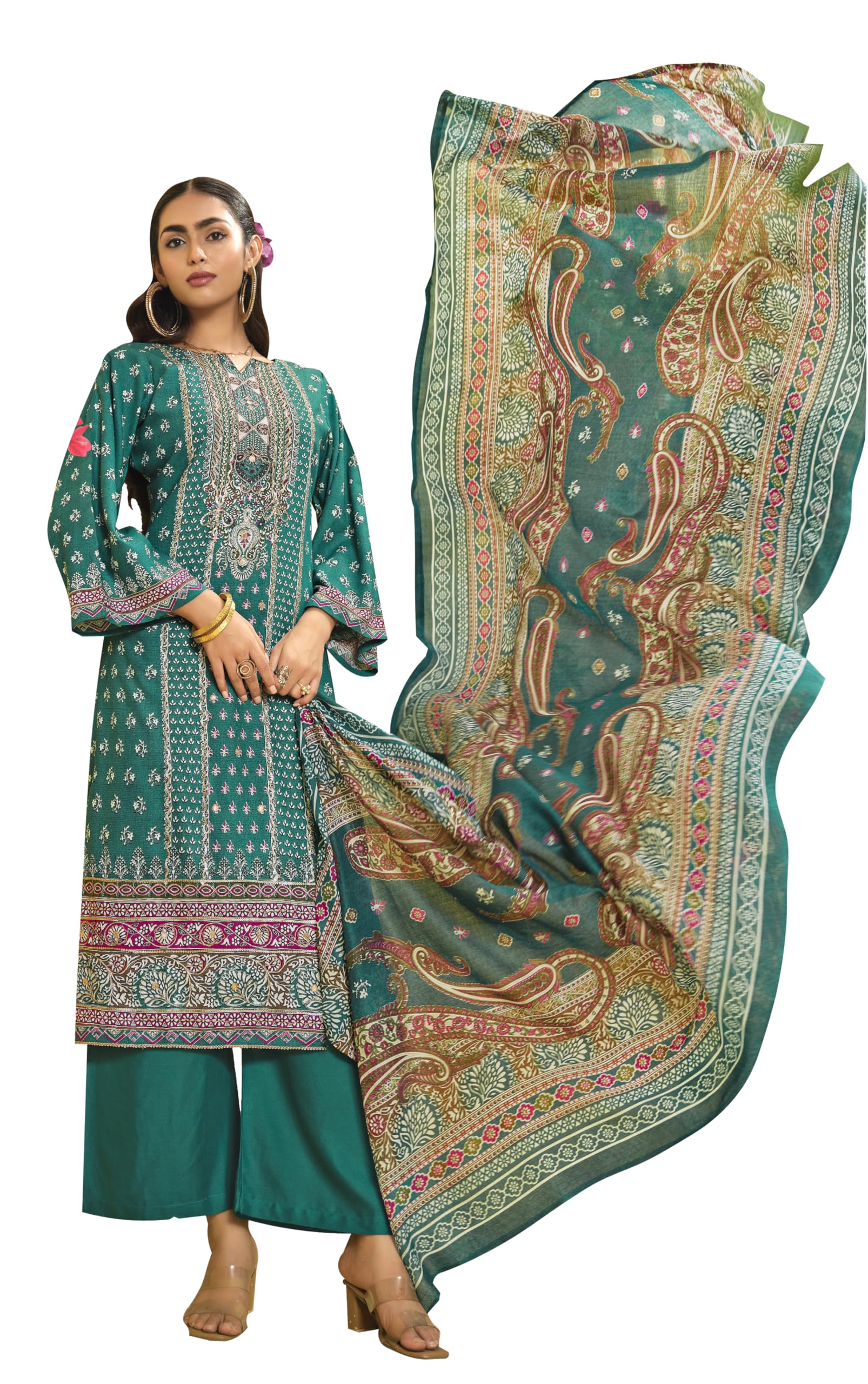 DRAVINAM Trends Women's Unstitched Salwar Suit Dress Material - Cotton Digital Printed Organza Embroidered Kameez II Unstitch Bottoms II Cotton Dupatta