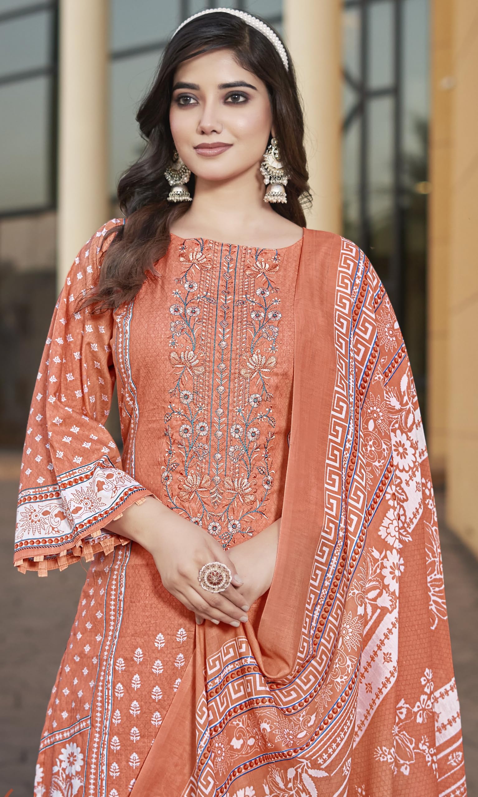 DRAVINAM Trends Women's Pure Lawn Cotton Pakistani Embroidered Suit Dress Material with Unstitched Bottoms and Cotton Dupatta