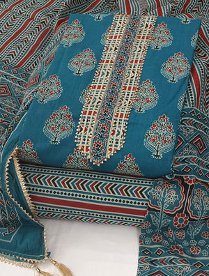 DRAVINAM Trends Women's Jaipuri Printed Embroidered and Hand Work Premium Cambric Cotton Unstitched Salwar Suit Dress Material with Mulmul Cotton Dupatta