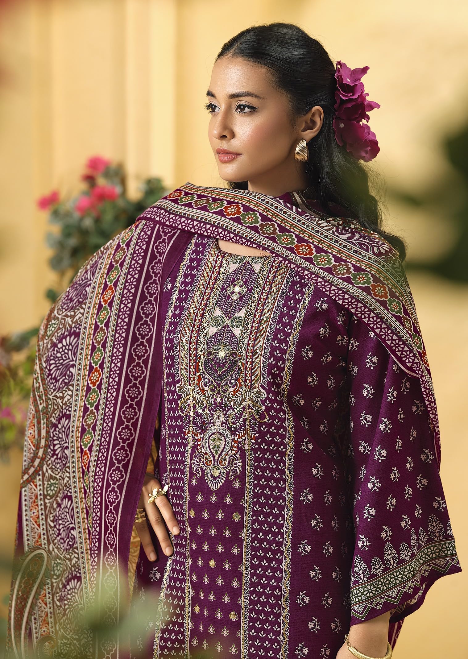 DRAVINAM Trends Women's Unstitched Salwar Suit Dress Material - Cotton Digital Printed Organza Embroidered Kameez II Unstitch Bottoms II Cotton Dupatta
