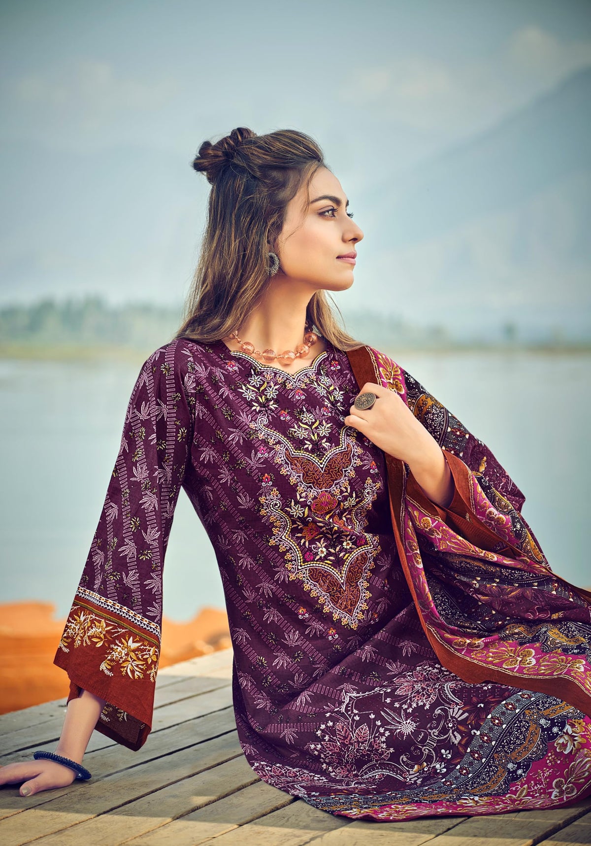DRAVINAM Trends Women's Unstitched Premium Cotton Suit Material - Soft Digital Printed Embroidered Kameez II Matching Bottoms II Malmal Printed Dupatta