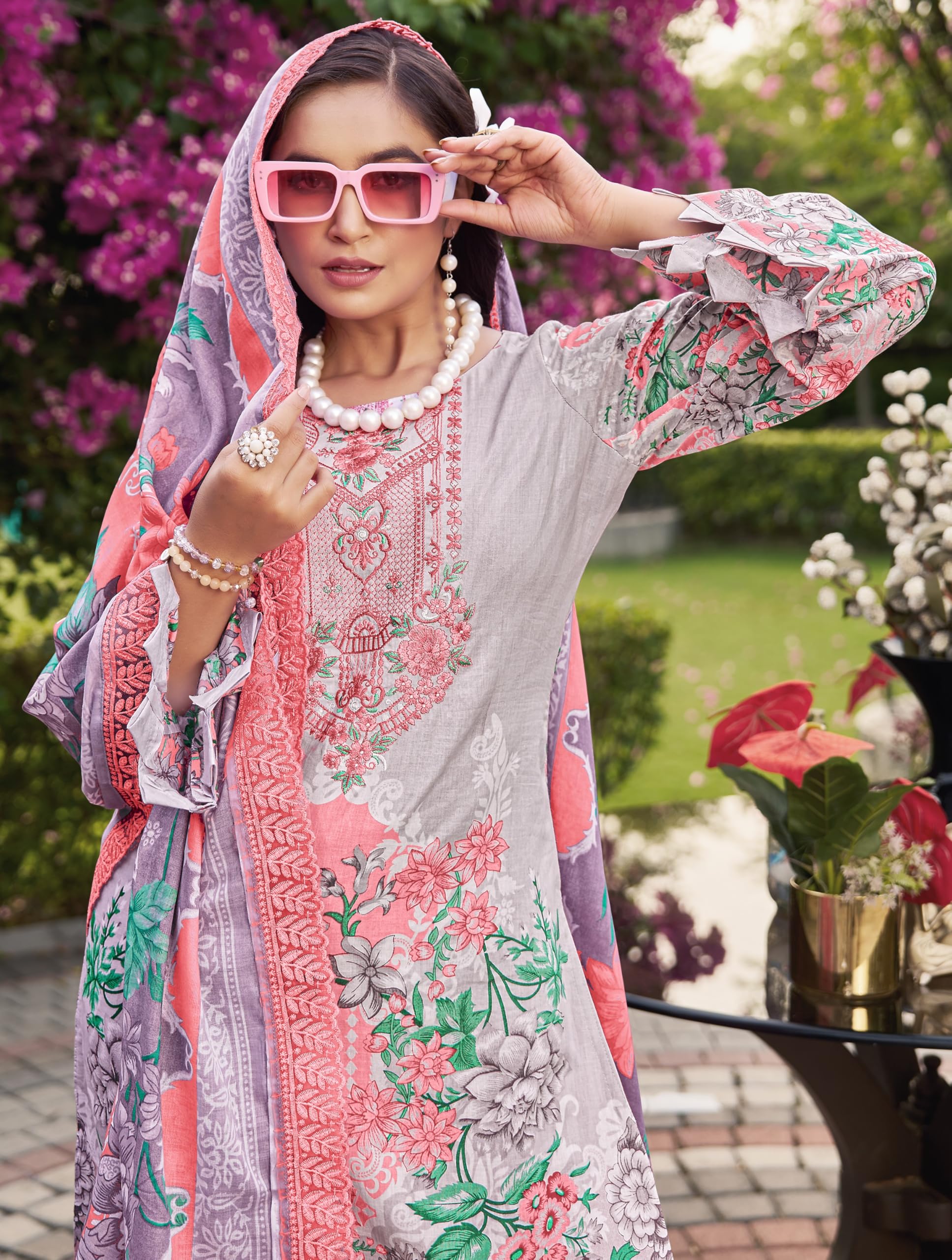 DRAVINAM Trends Pure Cambric Cotton Pakistani Embroidered Suit Dress Material with Unstitched Bottoms and Cotton Dupatta