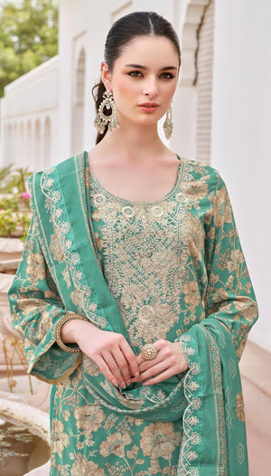 DRAVINAM Trends Pure Viscose Rayon Discharge Foil Printed Fancy Embroidered Daman Lace Suit Dress Material with Unstitched Rayon Bottoms and Cotton Embroidered Dupatta