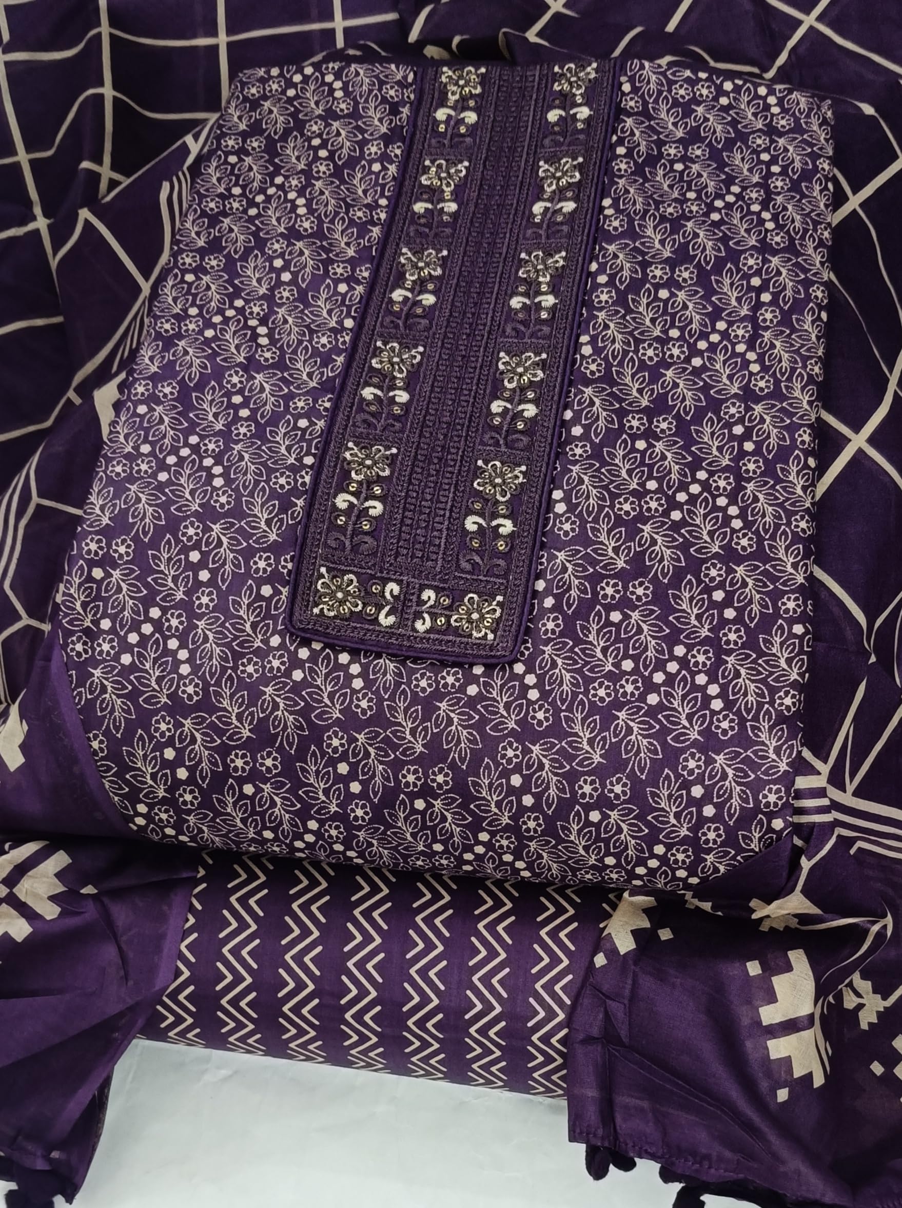DRAVINAM Trends Women's Printed Embroidered and Hand Work Premium Cotton Jaipuri Unstitched Salwar Suit Dress Material with Mulmul Cotton Dupatta
