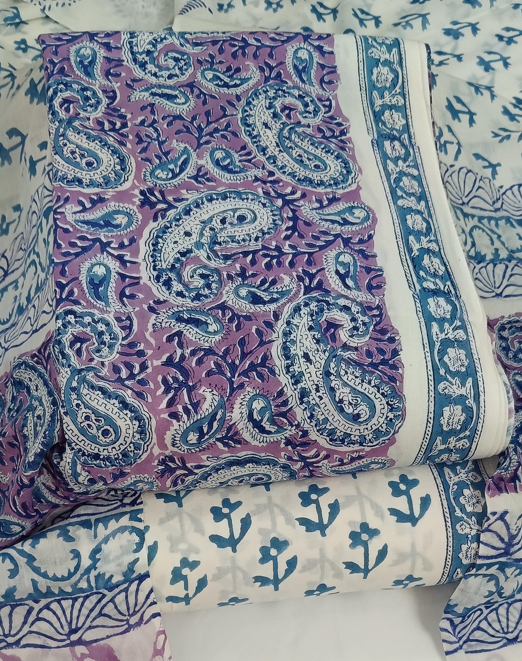 DRAVINAM Trends Hand Block Print Sanganeri Cambric Unstitched Cotton Suit Dress Material for Women with Mulmul Cotton Hand Printed Dupatta