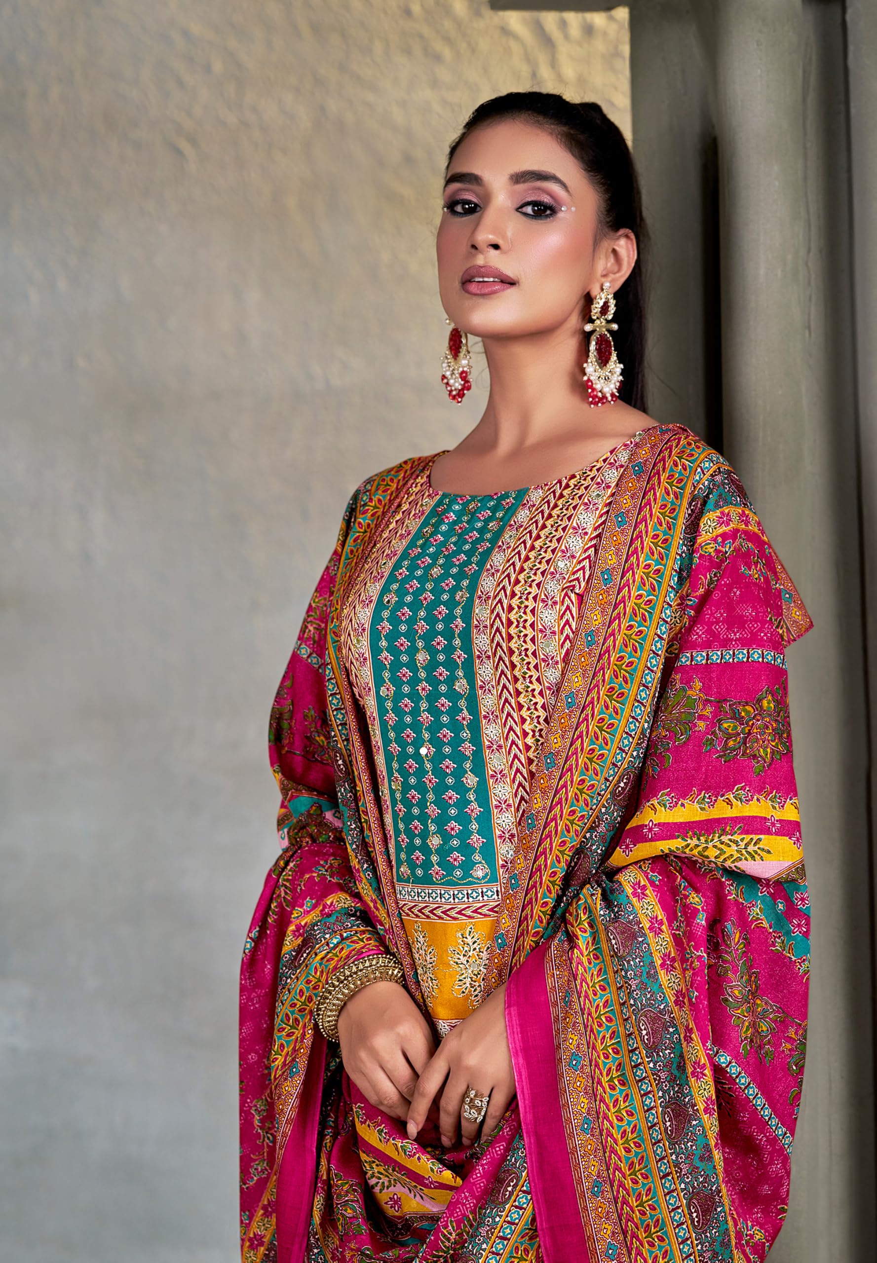 DRAVINAM Trends Women's Unstitched Embroidered Suit Dress Material - Heavy Viscose Rayon Printed Top with Fancy Hand Embroidery (2.5m), Rayon Bottom (2.8m), Cotton Dupatta (2.25m)