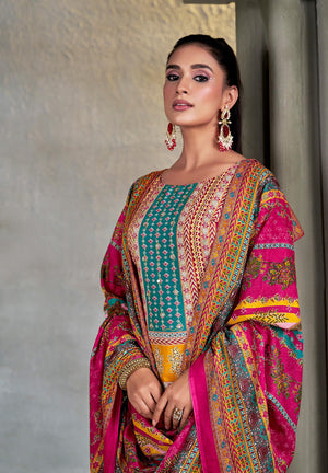 DRAVINAM Trends Women's Unstitched Embroidered Suit Dress Material - Heavy Viscose Rayon Printed Top with Fancy Hand Embroidery (2.5m), Rayon Bottom (2.8m), Cotton Dupatta (2.25m)