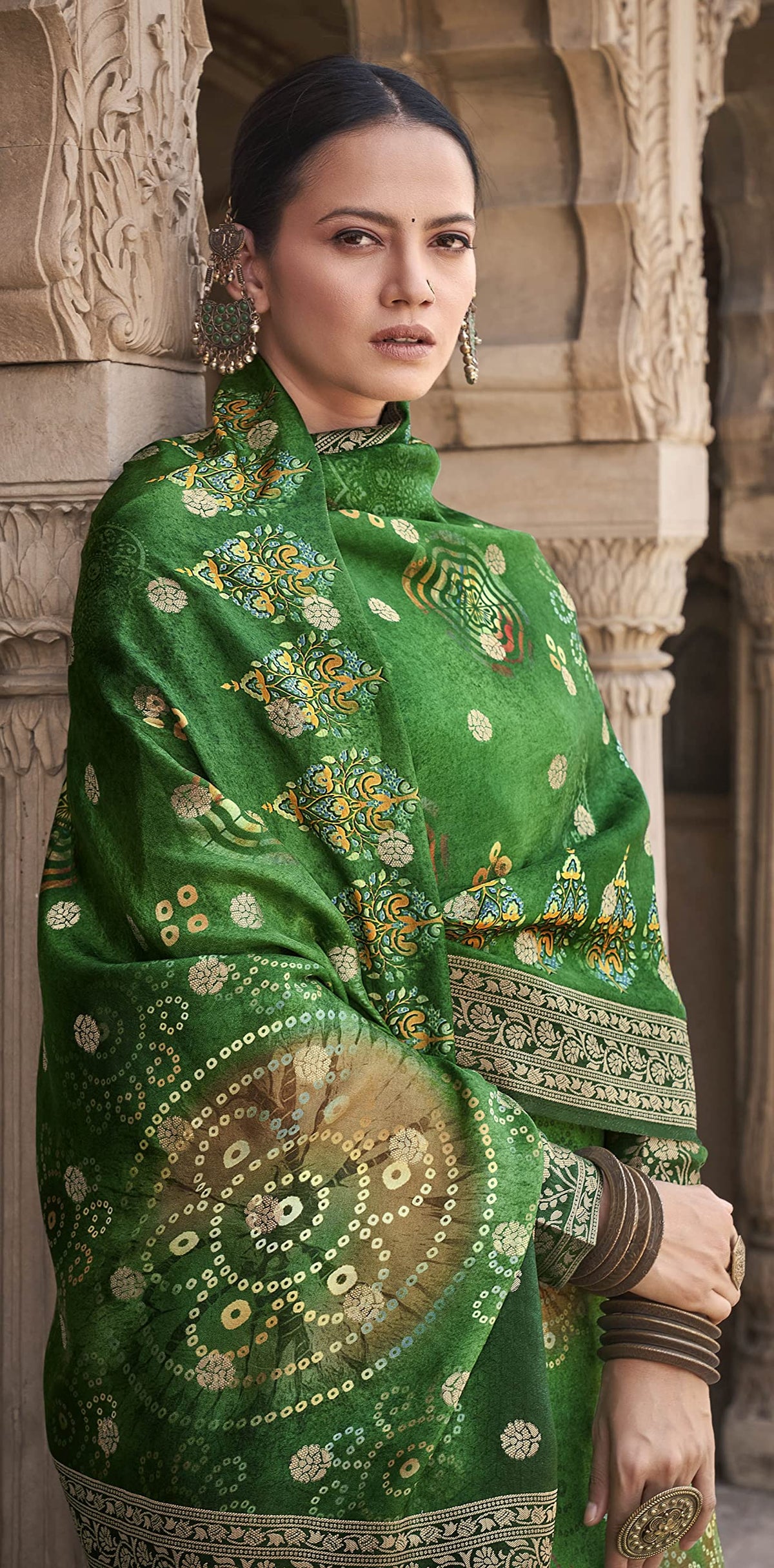 DRAVINAM Trends Women's Pure Dola Silk jacquard Bandhani Digital printed Sharara style Unstitched Suit Dress material with Pure Dola silk Woven Banarasi Dupatta (Free size_Pink)