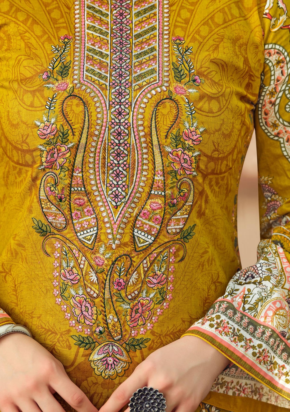 DRAVINAM Trends Lawn Cotton Pakistani Embroidered Suit Dress Material with Unstitched Bottoms and Cotton Dupatta