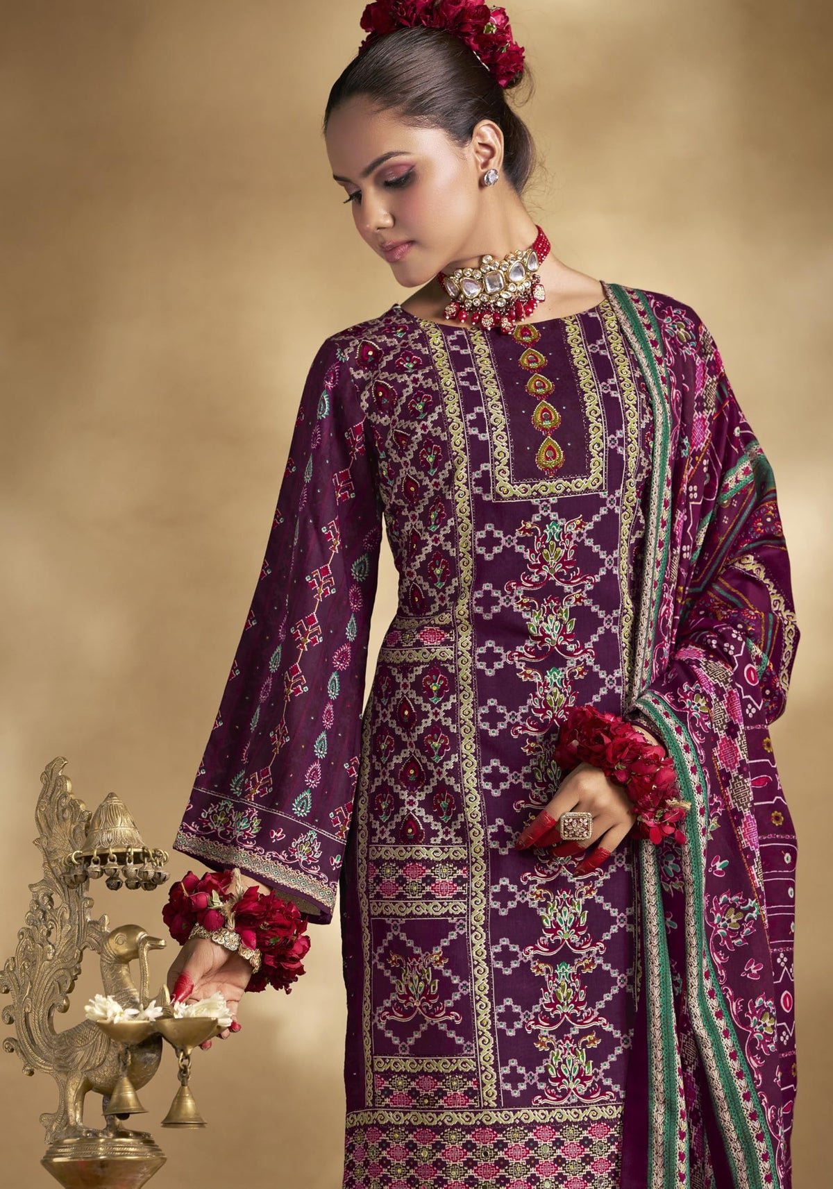 DRAVINAM Trends Women's Unstitched Rayon Salwar Suit Dress Material – Heavy Viscose Printed Top with Handwork II Pure Viscose Plain Bottom II Pure Cotton Mal Mal Printed Dupatta