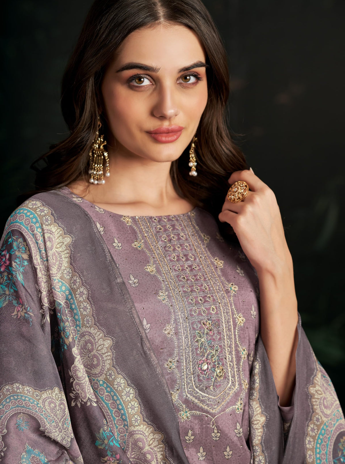 DRAVINAM Trends Women's Unstitched Maslin Salwar Suit Dress Material - Pure Bemberg Maslin Aari Work Kameez II Rayon Unstitch Bottoms II Viscose Maslin Digital Prints Dupatta