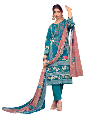 DRAVINAM Trends Unstitched Pakistani Print Embroidered Cotton Suit Dress Materials with Printed Cotton Dupatta