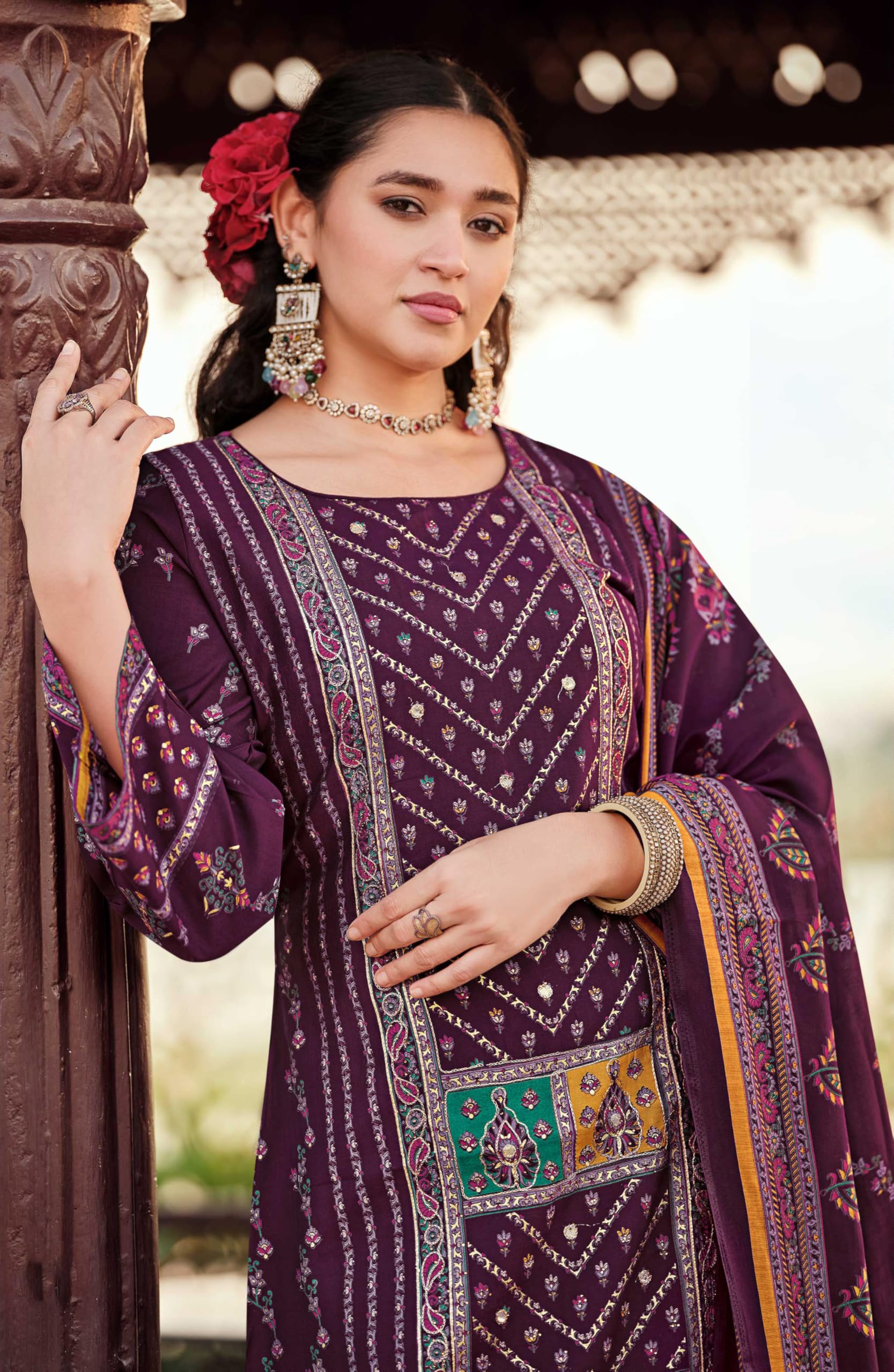 DRAVINAM Trends Women's Unstitched Viscose Maslin Digital and Foil printed Pakistani Embroidered Suit Dress Material with Unstitched Maslin Bottoms and Pure Maslin Dupatta