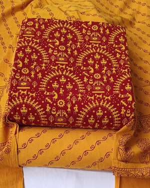 DRAVINAM Trends Women's Premium Cotton Unstitched Salwar Suit Dress Material Set | Traditional Rajasthani Gujari Block Print (Red & Mustard Yellow)