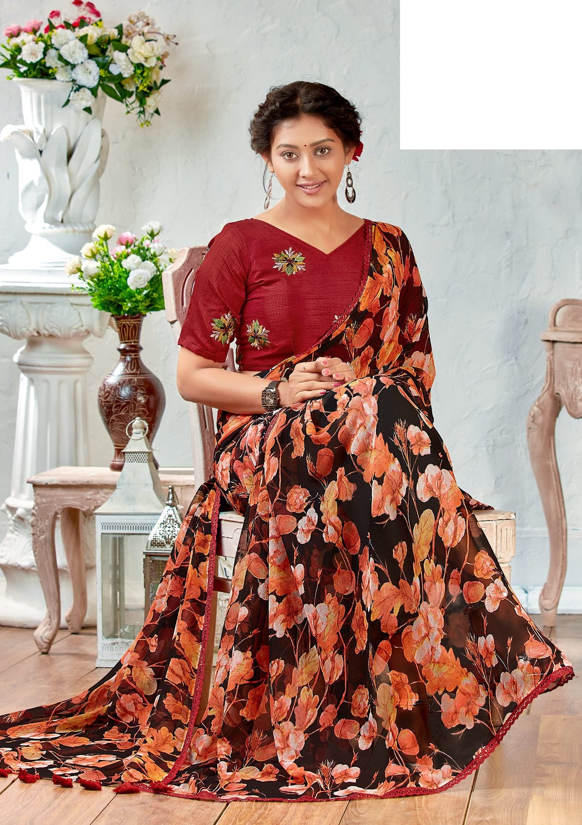 DRAVINAM Trends Women's Pure georgette Bandhani Print saree with Lace Borders and Solid Blouse Piece (Black)