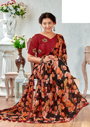 DRAVINAM Trends Women's Pure georgette Bandhani Print saree with Lace Borders and Solid Blouse Piece (Black)