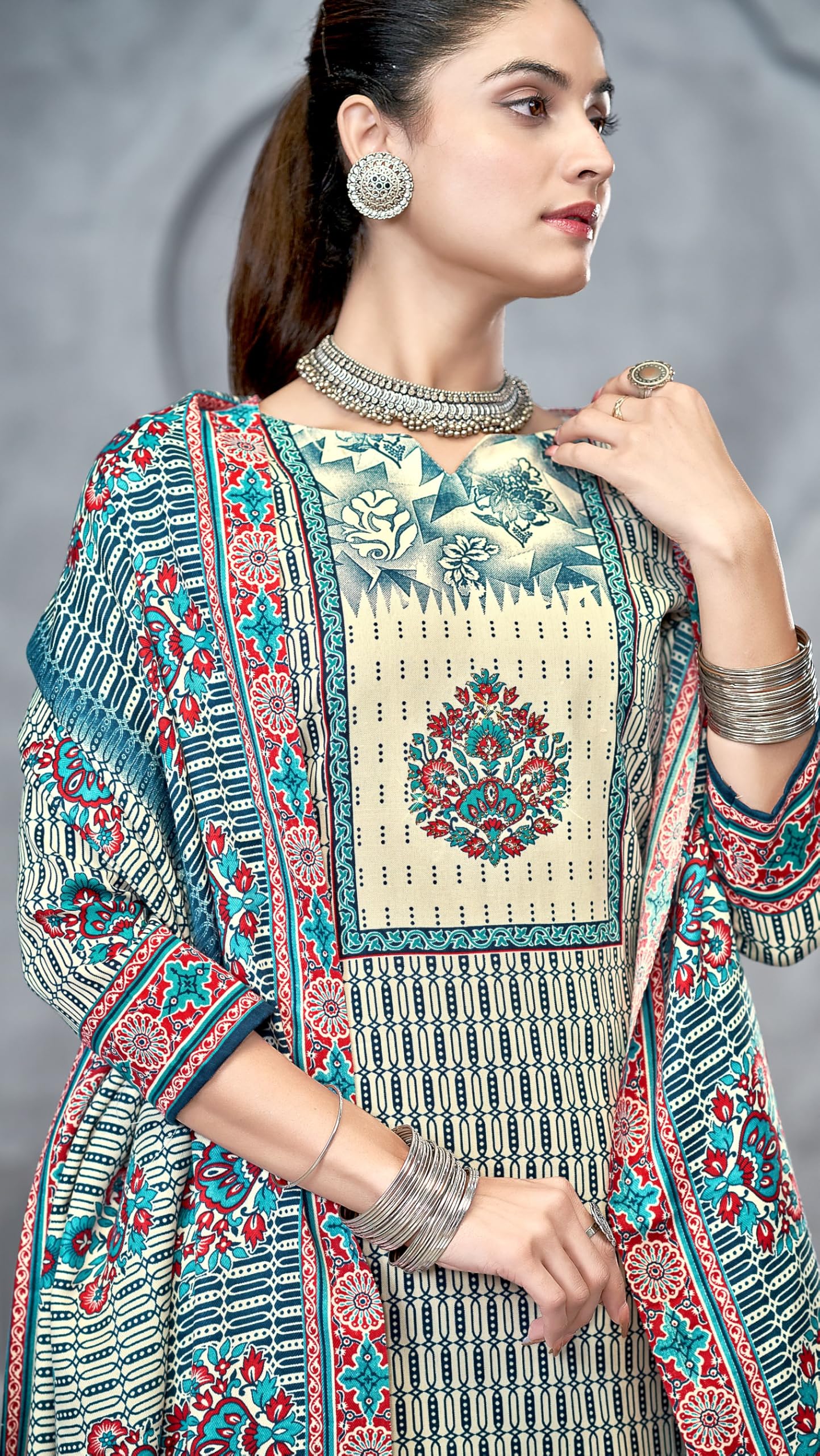 DRAVINAM Trends Pashmina Spun Digital Style Printed Unstitched Salwar Suit for Women with Siroski Work and Twill Printed Shawl Dupatta
