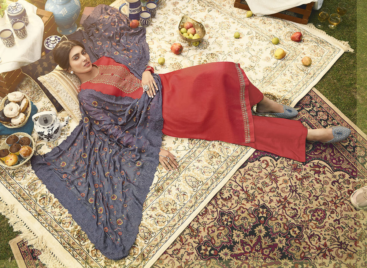 DRAVINAM Trends Women's Pure Tassar Silk Embroidered Palazzo Suit Pakistani Dress Material with Chinon Chiffon Heavy Embroidered and Cutwork Dupatta (Beige Grey and Peach)