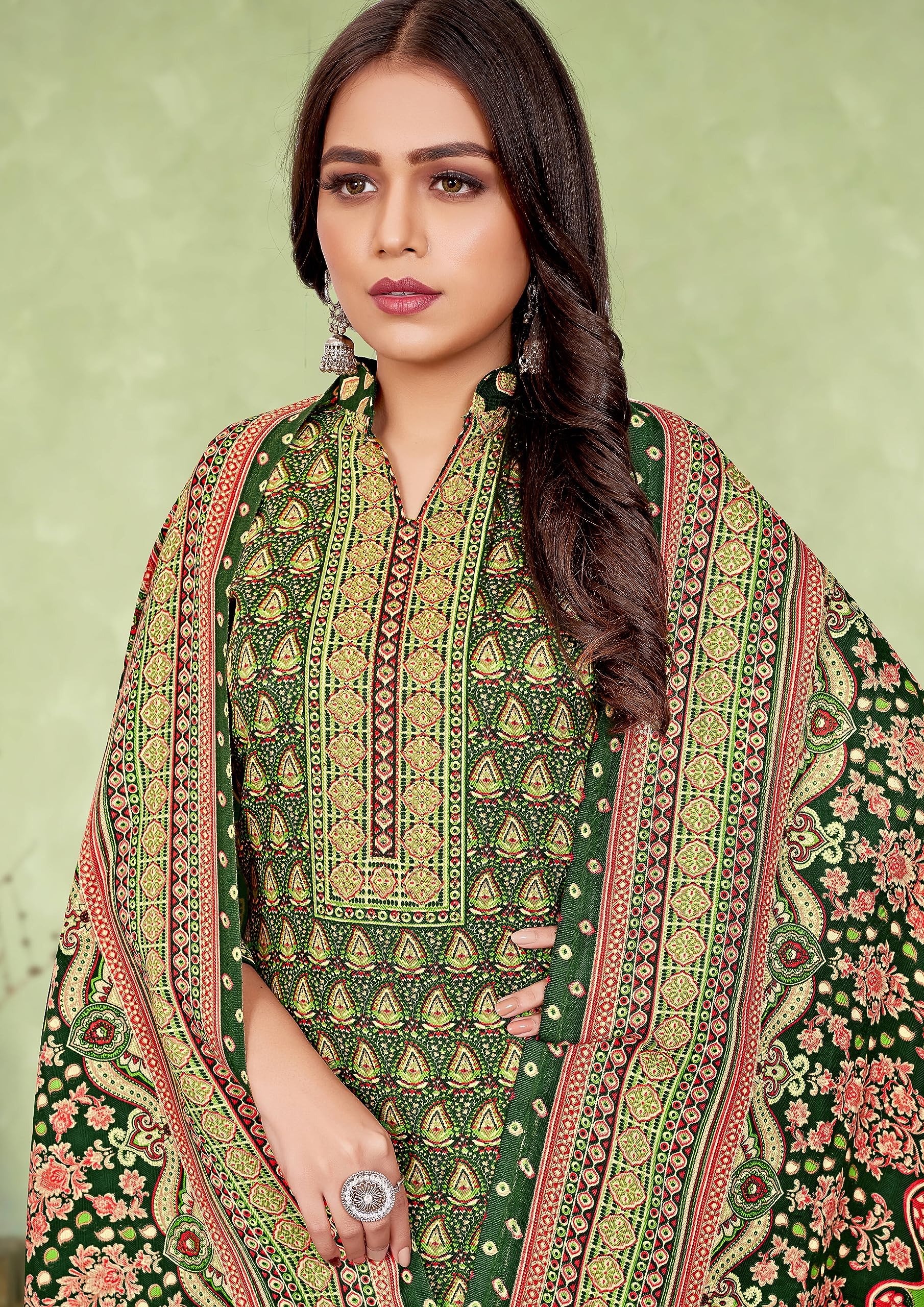 DRAVINAM Trends Women's Unstitched Kashmiri Kani Printed Woolen Winter wear salwar suits for women with Fancy Kani Shawl dupatta (Green)