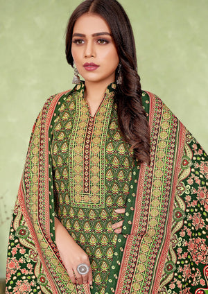 DRAVINAM Trends Women's Unstitched Kashmiri Kani Printed Woolen Winter wear salwar suits for women with Fancy Kani Shawl dupatta (Green)