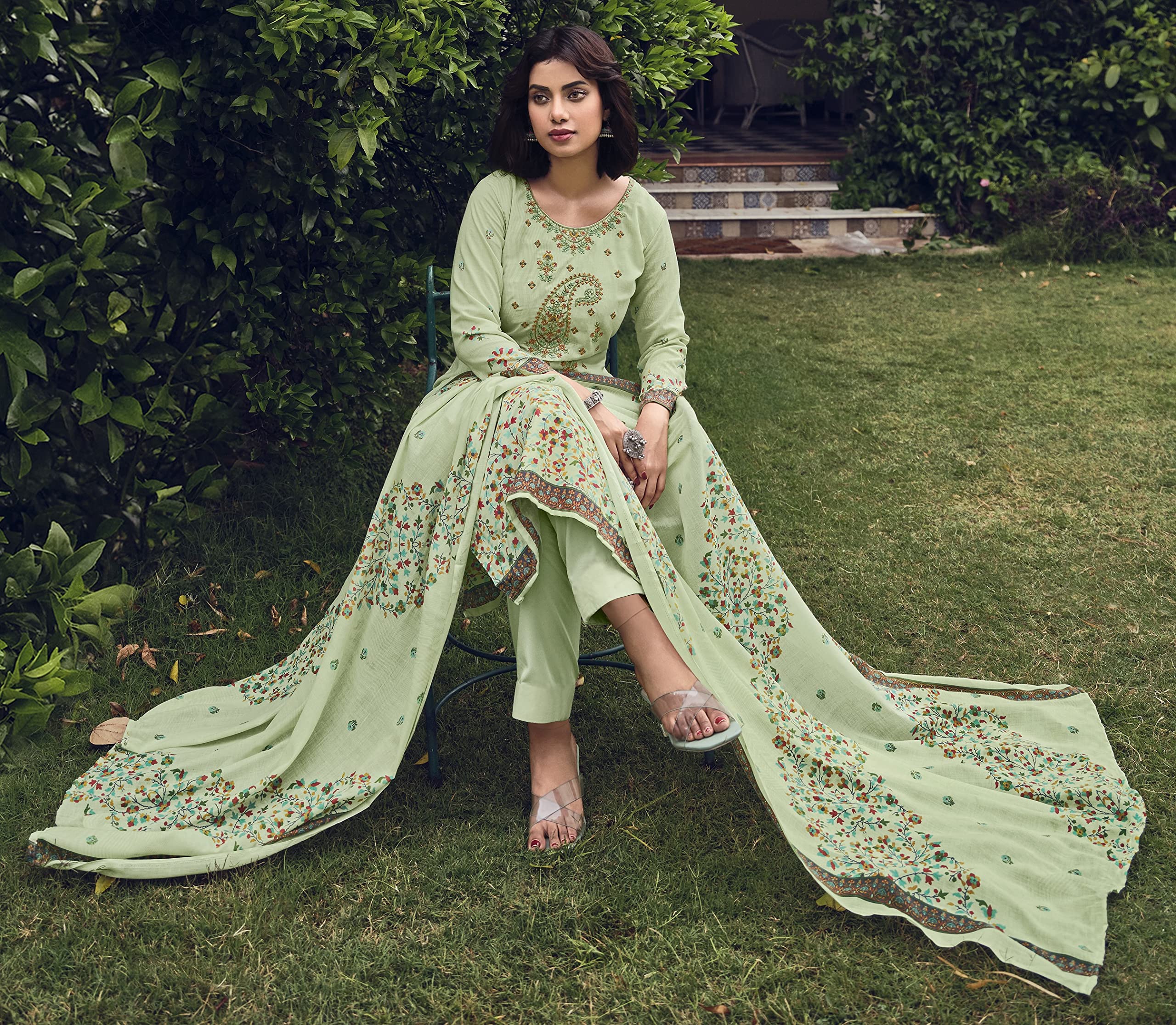 DRAVINAM Trends Unstitched Printed Embroidery Work Pure Cotton Salwar Suits Dress Material with Cotton Dupatta (Beige)