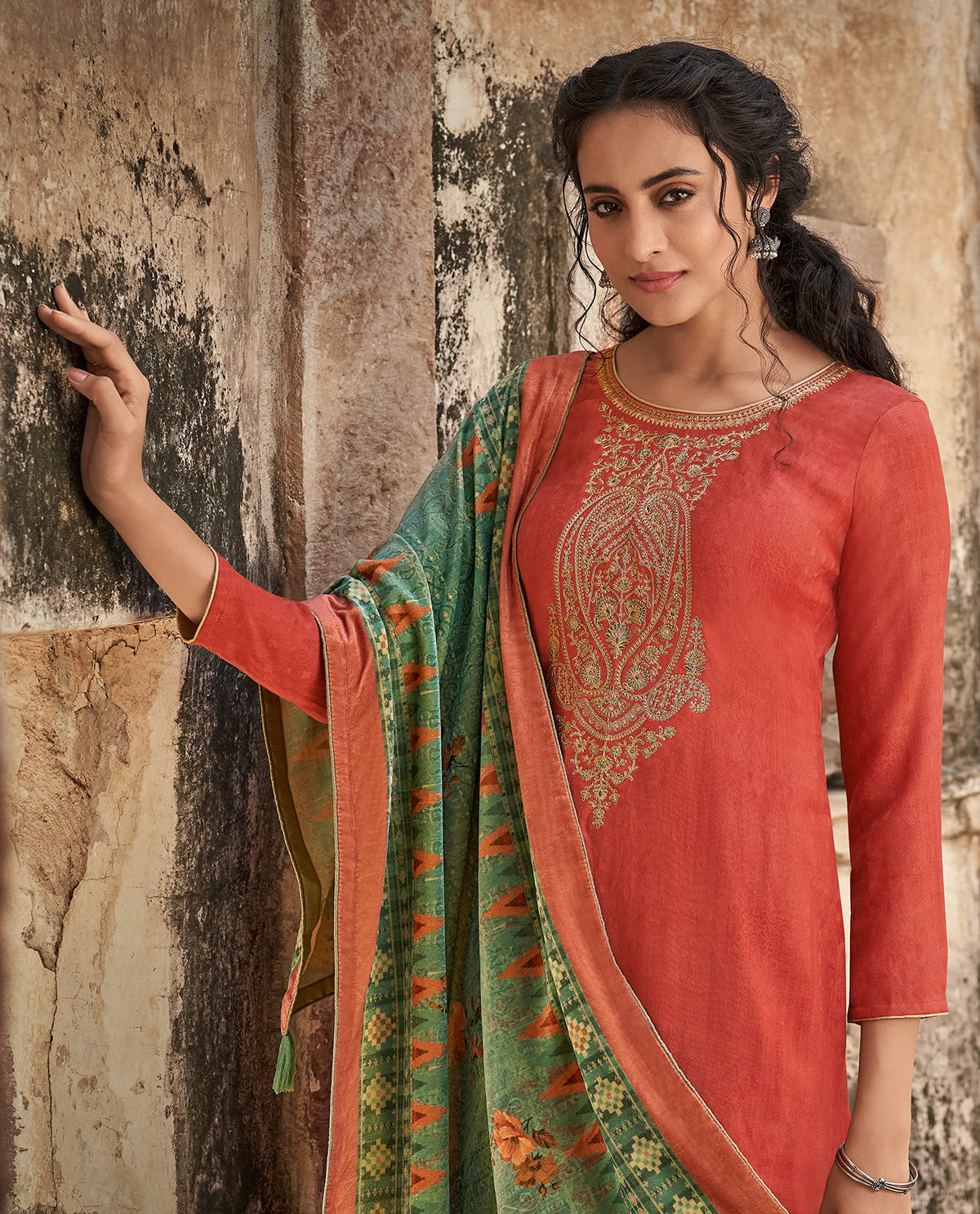 DRAVINAM Trends Women's Unstitched Pure Woven Wool Pashmina Embroidered Salwar Suit Dress Material with Digital Printed Velvet Four sided lace and Tassels Shawl Dupatta (Orange)