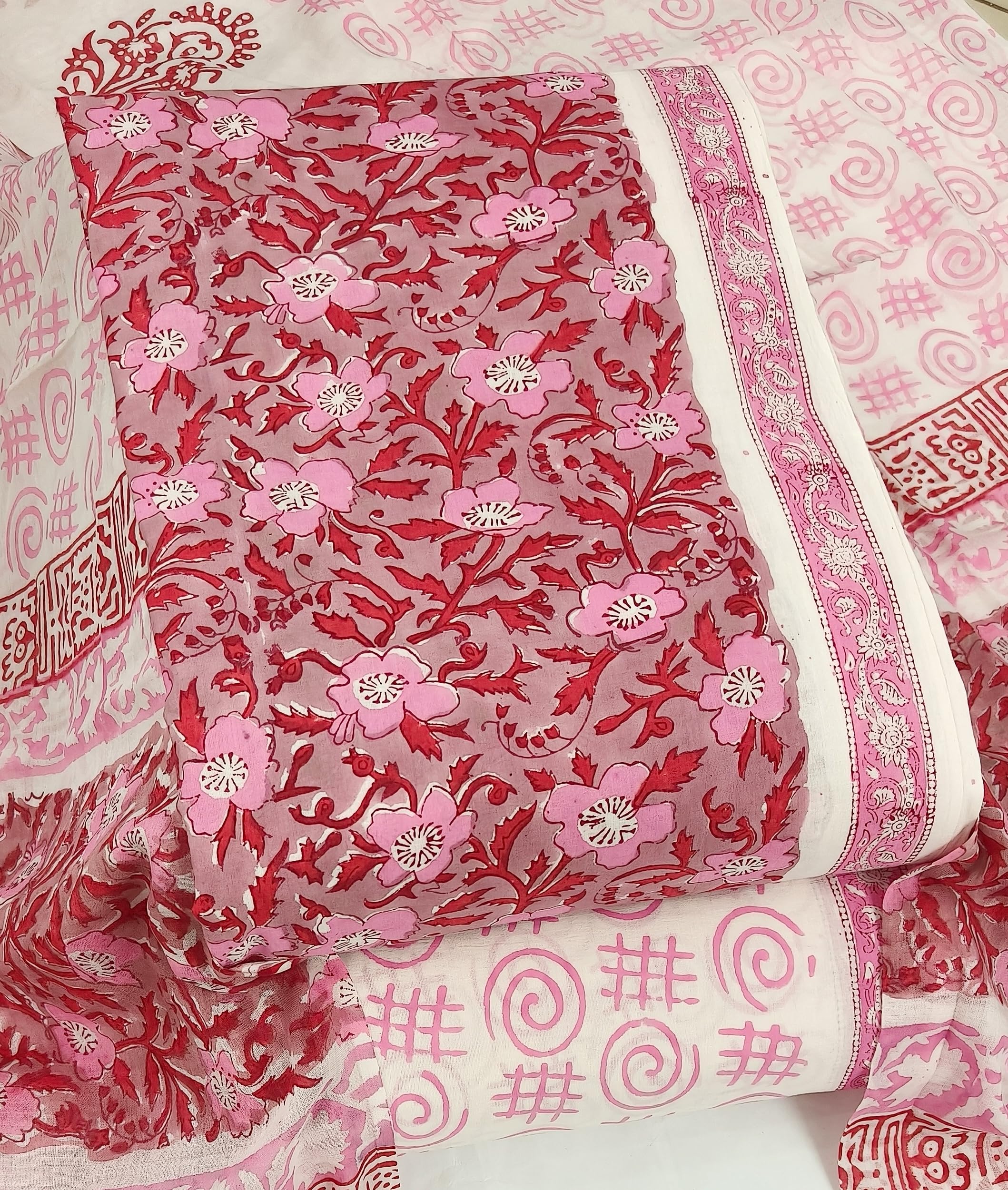 DRAVINAM Trends Hand Block Print Jaipuri Cambric Unstitched Cotton Suit Dress Material for Women with Mulmul Cotton Hand Printed Dupatta