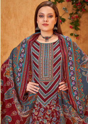 DRAVINAM Trends Women's Unstitched Kashmiri Kaani Print Swaroski work Warm Woollen Pashmina Salwar Suit Dress Material with Pashmina Printed Shawl Dupatta (Free Size_Red)