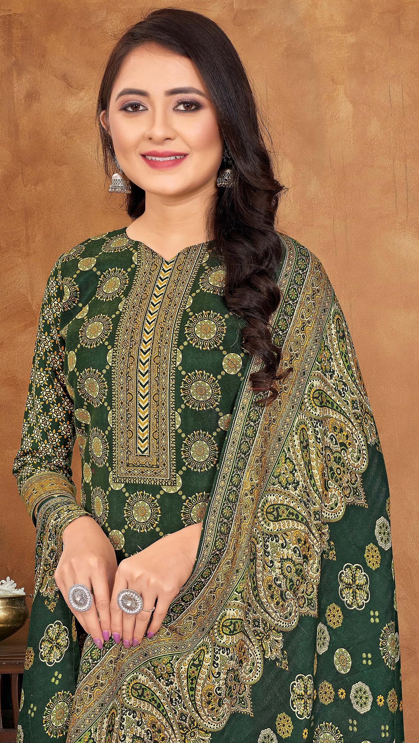 DRAVINAM Trends Women's Unstitched Kashmiri Kani Printed Woolen Winter wear salwar suits for women with Fancy Kani Shawl dupatta (Green)