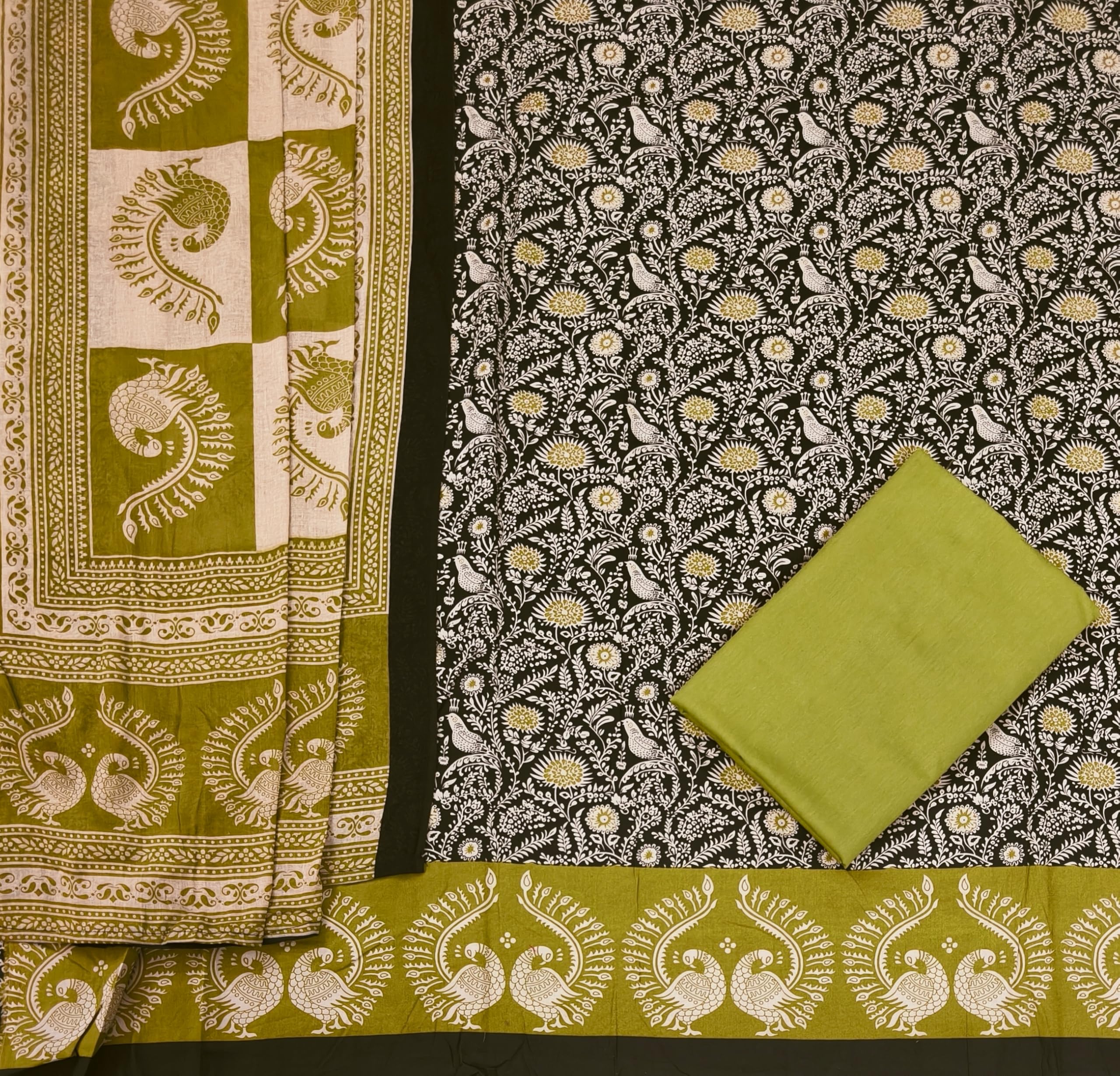 DRAVINAM Trends Women's Handblock Dabu Print Pure Cotton Unstitched Salwar Suit Dress Material with Peacock Motif & Mulmul Dupatta
