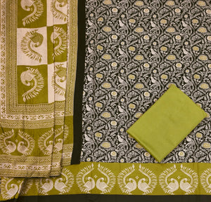 DRAVINAM Trends Women's Handblock Dabu Print Pure Cotton Unstitched Salwar Suit Dress Material with Peacock Motif & Mulmul Dupatta