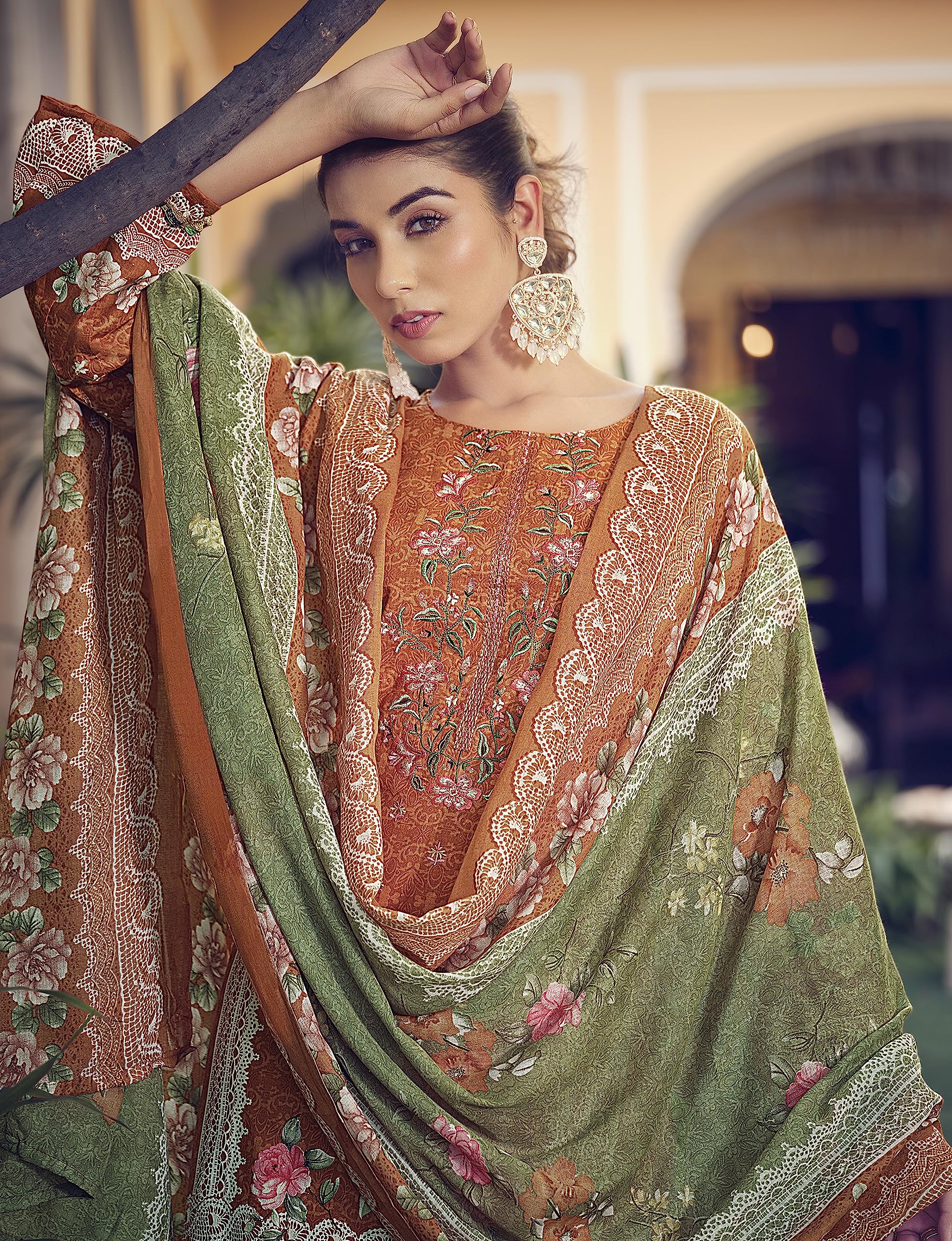 DRAVINAM Trends Unstitched Pakistani Print Embroidered Cotton Suit Dress Materials with Printed Cotton Dupatta