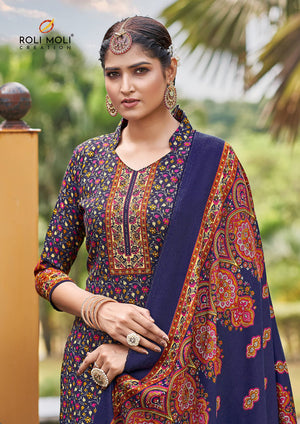 DRAVINAM Trends Women's Unstitched Kaani Print Swaroski work Woollen Pashmina Salwar Suit Dress Material with Pashmina Printed Shawl Dupatta (Free Size_Blue)