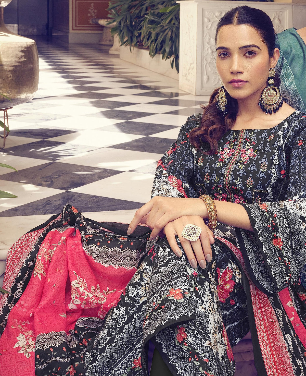DRAVINAM Trends Unstitched Pakistani Print Embroidered Cotton Suit Dress Materials with Printed Cotton Dupatta