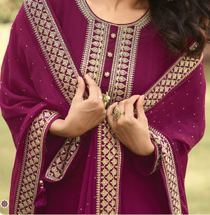 DRAVINAM Trends Women's Pure Georgette Heavy Zari Embroidered Anarkali Unstitched Suit Gown material with Georgette Embroidered and Swaroski work Dupatta (Free Size_Pinkish Red)