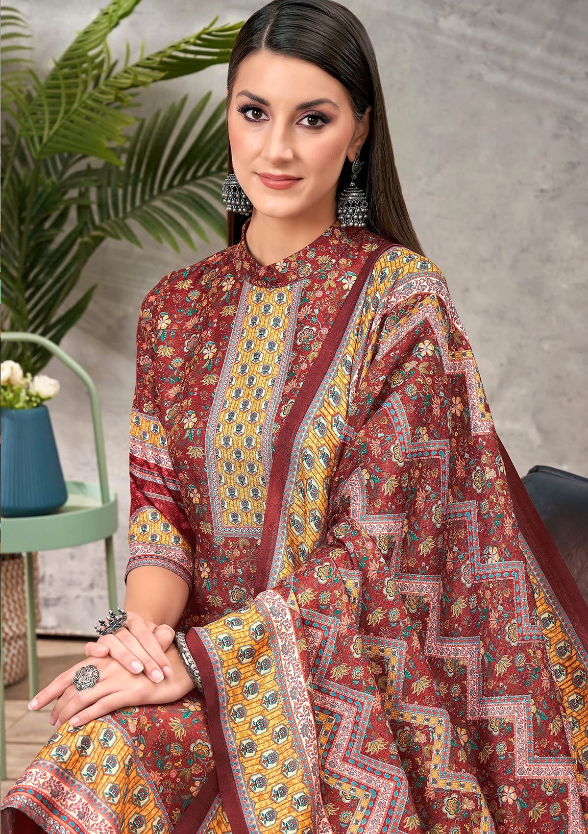 DRAVINAM Trends Women's Unstitched digital Print Pure Woollen Winter Wear Warm Pashmina Salwar Kameez Dress Material with Printed Pure Woolen Shawl Dupatta (Maroon)