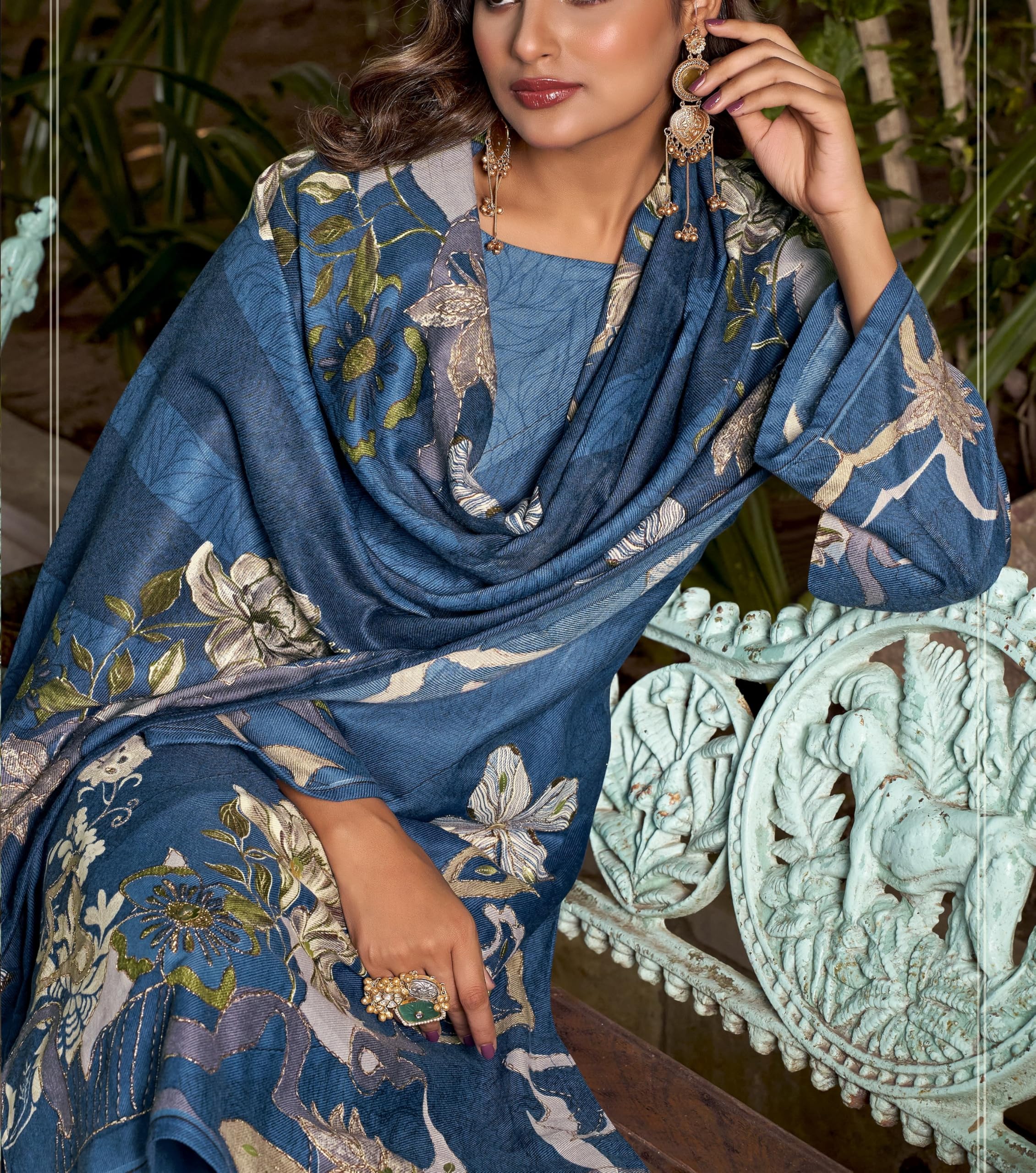 DRAVINAM Trends Women's winter wear unstitched hand work Woollen Pashmina Suit Dress Material with Pashmina Printed Shawl Dupatta