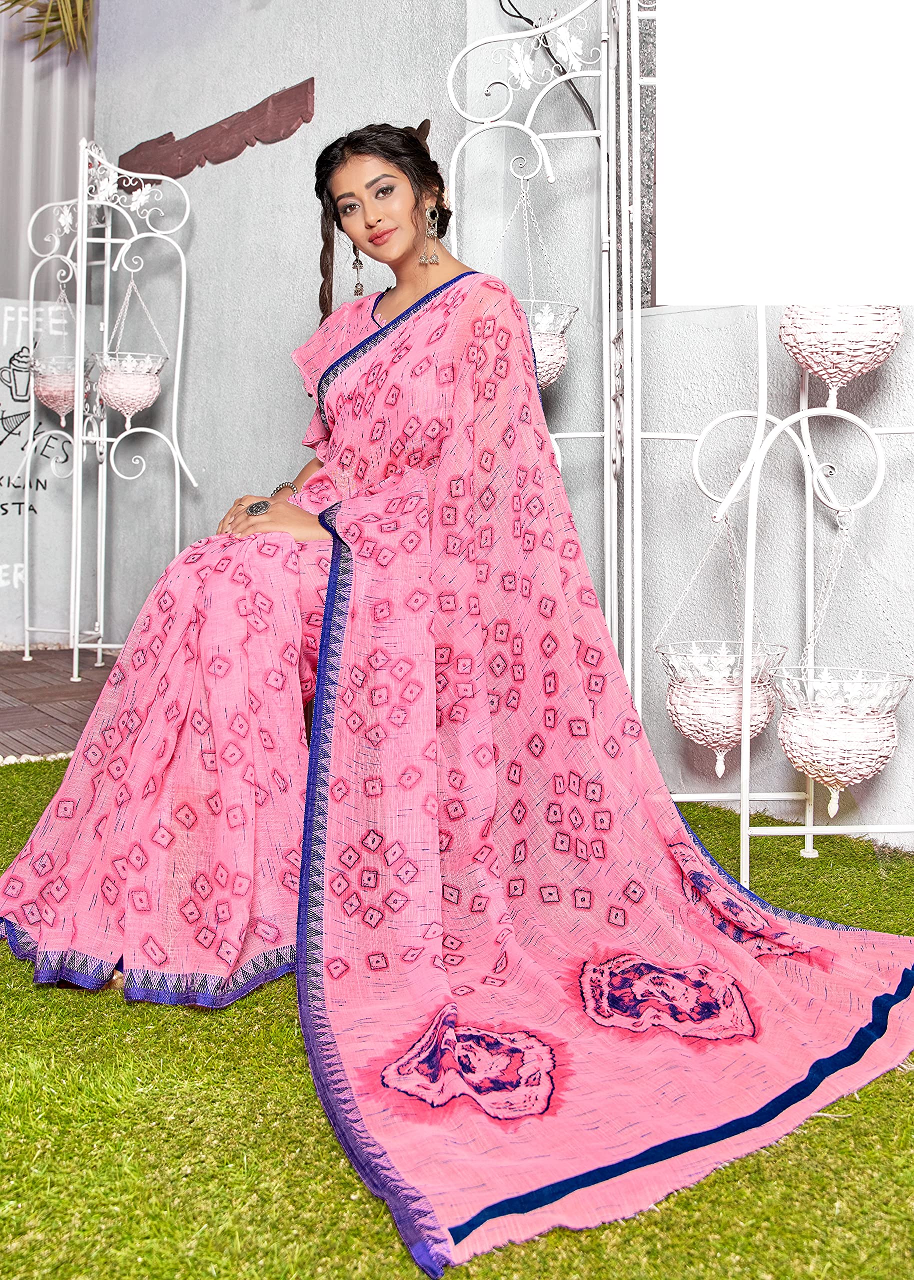 DRAVINAM Trends Women's Woven Catonic Pure Linen Slub Bordered Saree with Blouse Piece (Pink)